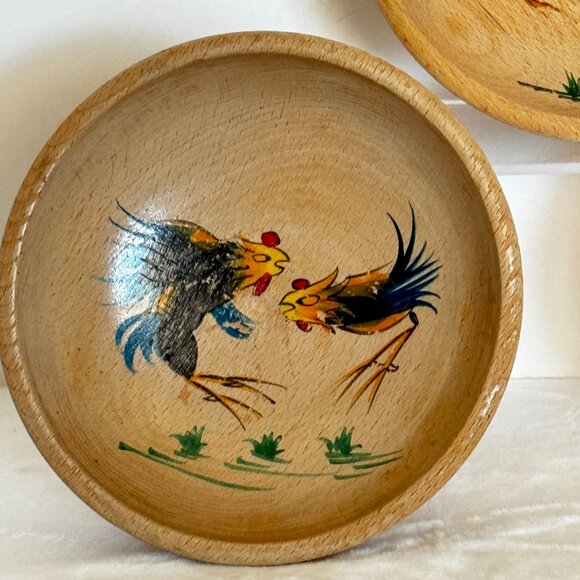 Set 3 Japanese Munising Wooden 6" Bowls Hand Painted Fighting Rooster Vtg - Picture 4 of 11